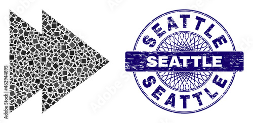Geometric mosaic move right, and Seattle unclean seal print. Blue seal has Seattle caption inside round shape. Vector move right mosaic is formed from randomized round, triangle, square elements.