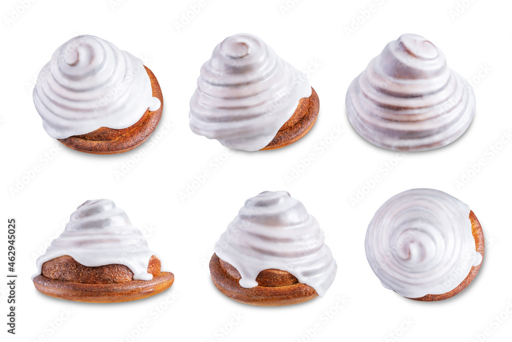 Roll cinnamon bun with weet sugar glaze on a white isolated background