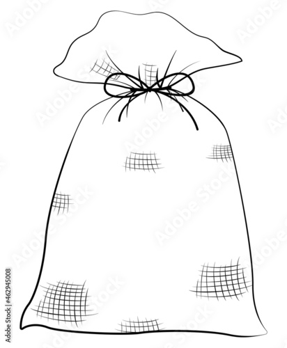 Sackcloth vector bag for grocery with tied bow string  isolated on white. Monochrome  black line illustration.