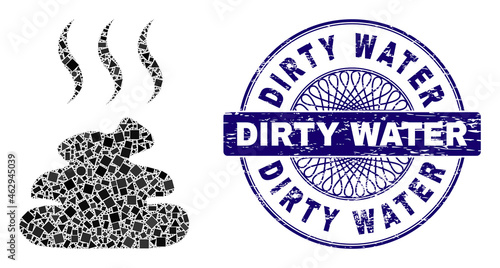 Geometric mosaic shit smell, and Dirty Water dirty stamp seal. Blue stamp has Dirty Water caption inside round form. Vector shit smell mosaic is composed of random round, triangle, square parts.