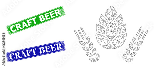 Network barley and hop image, and Craft Beer blue and green rectangle textured seals. Mesh carcass image based on barley and hop icon. Seals have Craft Beer tag inside rectangular frame.