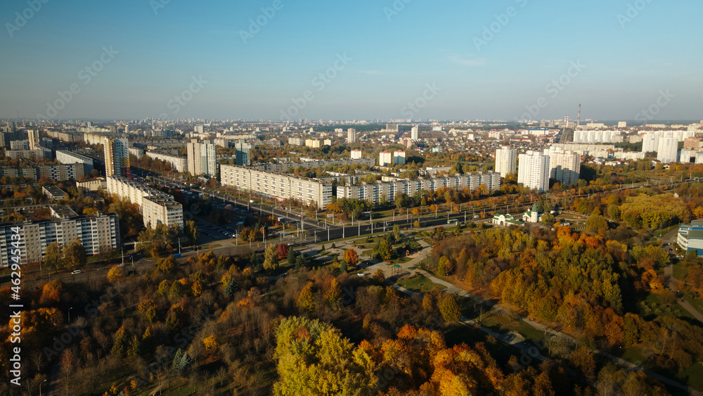 Flight over the autumn park. Trees with yellow autumn leaves are visible. On the horizon there is a blue sky and city houses. Aerial photography.