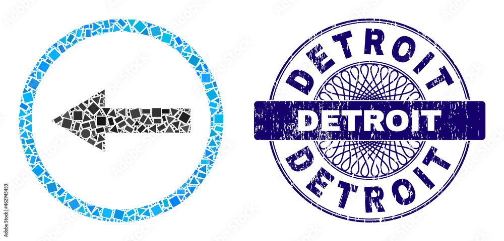 Geometric mosaic left rounded arrow, and Detroit unclean stamp seal. Blue stamp seal includes Detroit title inside round form. Vector left rounded arrow mosaic is done of randomized circle, triangle,