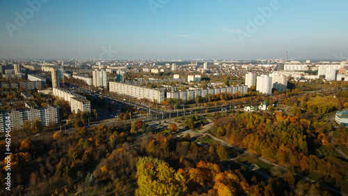 Flight over the autumn park. Trees with yellow autumn leaves are visible. On the horizon there is a blue sky and city houses. Aerial photography.