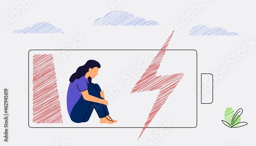 Recharge human Tired woman sitting and hugging her knees with a discharged battery in the thoughts Recharge energy to exhausted fatigue office employee Refresh from overworked or burn out concept