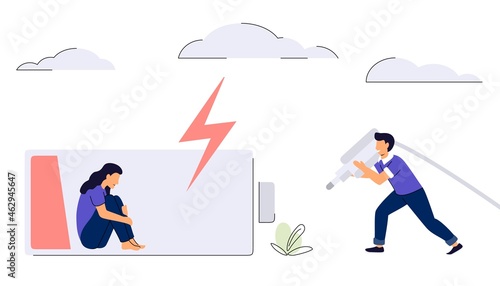 Recharge human Tired woman sitting and hugging her knees with a discharged battery in the thoughts Recharge energy to exhausted fatigue office employee Refresh from overworked or burn out concept