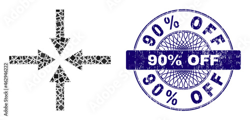 Geometric collage impact arrows, and 90% Off dirty stamp seal. Violet seal has 90% Off title inside circle form. Vector impact arrows collage is formed with random circle, triangle, square parts.