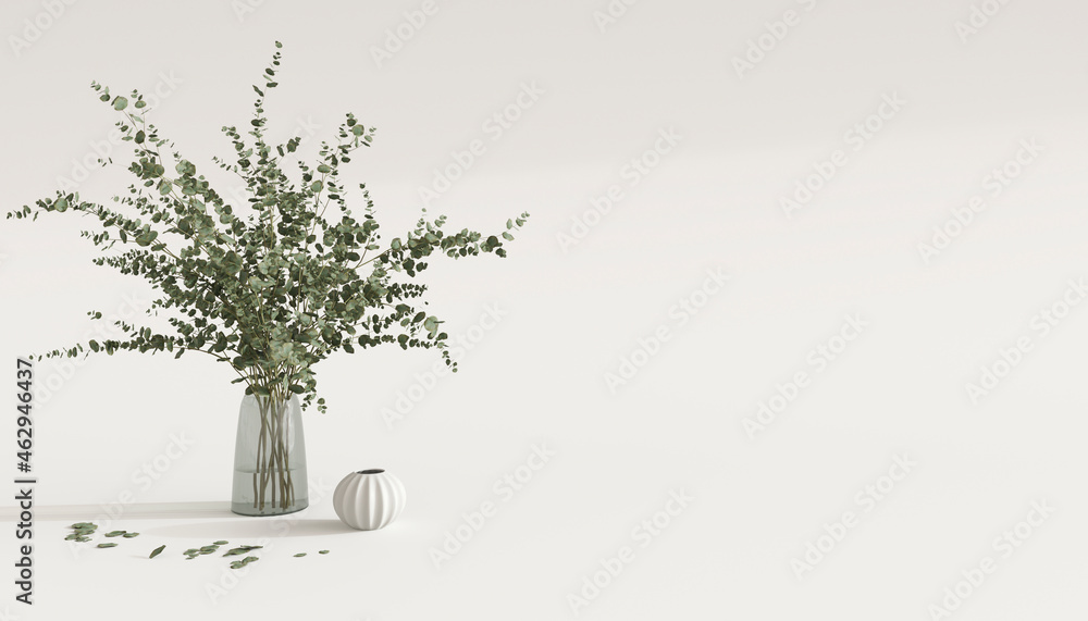 Obraz premium Minimal composition with plant closeup on background. Mockup scene with empty space for text. 3d render illustration for beauty presentation.