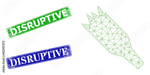 Polygonal crashed beer bottle image, and Disruptive blue and green rectangular rubber seals. Polygonal wireframe illustration based on crashed beer bottle pictogram.