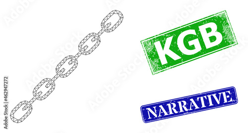 Network chain image, and KGB blue and green rectangle grunge watermarks. Polygonal carcass image based on chain icon. Stamp seals include KGB title inside rectangle frame. photo