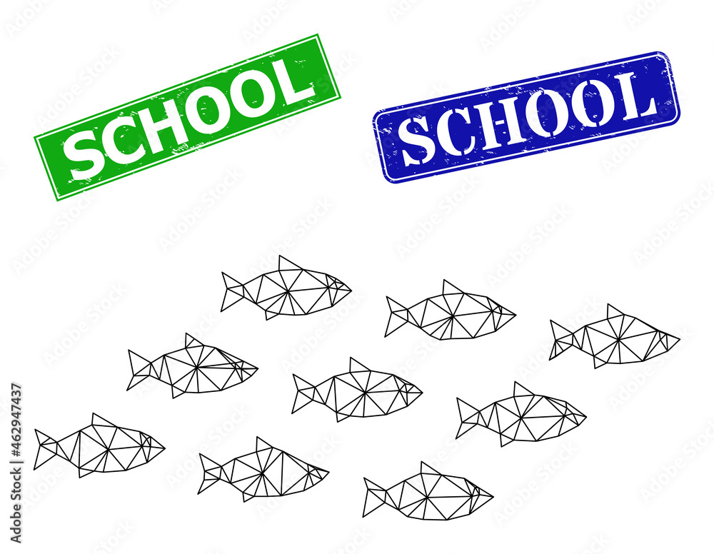 Network school of fish model, and School blue and green rectangular textured badges. Polygonal carcass symbol based on school of fish icon. Stamps contain School tag inside rectangular shape.