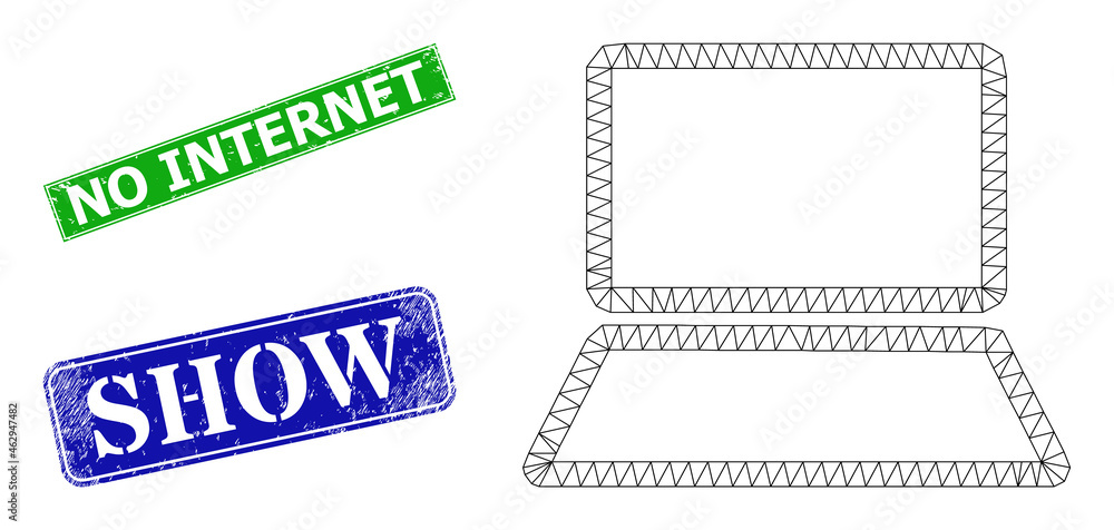 Mesh laptop computer model, and No Internet blue and green rectangle ...