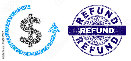 Geometric collage refund, and Refund grunge stamp seal. Violet stamp seal includes Refund caption inside round form. Vector refund collage is constructed of random circle, triangle,