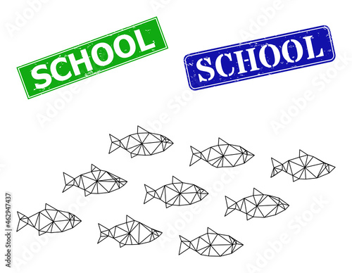 Network school of fish model, and School blue and green rectangular textured badges. Polygonal carcass symbol based on school of fish icon. Stamps contain School tag inside rectangular shape.