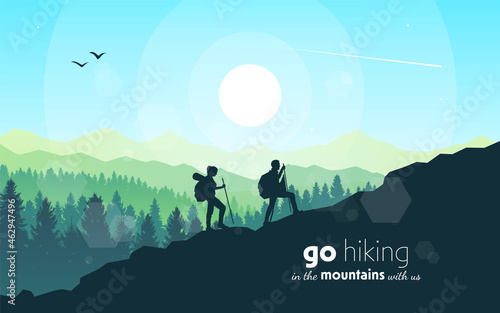 Couple climbers. Climbing to top at dawn. Travel concept of discovering, exploring and observing nature. Hiking tourism. Adventure. Minimalist graphic flyer. Polygonal flat design. Vector illustration