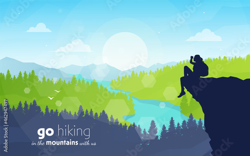 Woman sitting on the edge of mountain. Travel concept of discovering, exploring and observing nature. Hiking tourism. Adventure. Minimalist graphic flyer. Polygonal flat design. Vector illustration