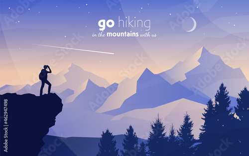 Man watches nature. Traveler on top. Travel concept of discovering, exploring and observing nature. Hiking tourism. Adventure. Minimalist graphic flyers. Polygonal flat design. Vector illustration.