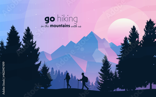 Man and woman walking in mountains forest. Travel concept of discovering, exploring, observing nature. Hiking tourism. Adventure. Minimalist graphic flyer. Polygonal flat design. Vector illustration