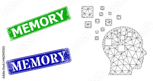 Network memory compilation model, and Memory blue and green rectangular unclean watermarks. Mesh carcass symbol based on memory compilation pictogram.