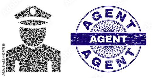 Geometric mosaic policeman, and Agent rubber stamp seal. Blue stamp seal has Agent tag inside round shape. Vector policeman mosaic is constructed of randomized circle, triangle, square parts.