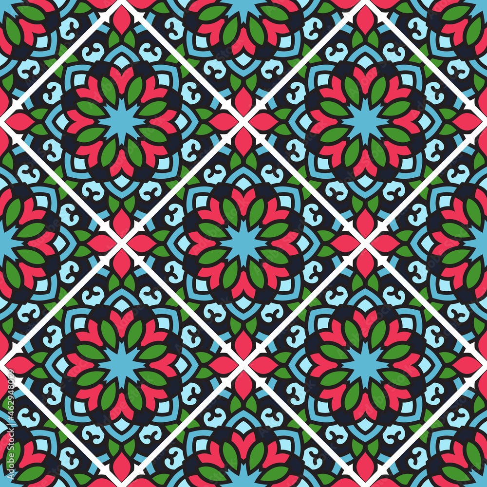 Abstract seamless backdrop. Design for prints, textile, decor, fabric. Round colorful texture in green, blue and orange colors. Mandala background. Tile pattern Abstract seamless backdrop. Design for prints, textile, decor, fabric. Round colorful texture in green, blue and orange colors. Mandala background. Tile pattern