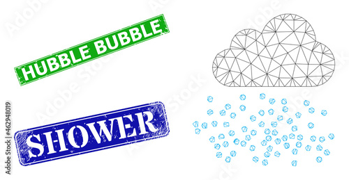 Network fog cloud model, and Hubble Bubble blue and green rectangle corroded stamp seals. Mesh carcass illustration designed with fog cloud pictogram.
