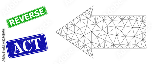 Mesh left direction image, and Reverse blue and green rectangular corroded seal prints. Polygonal carcass image designed with left direction pictogram.