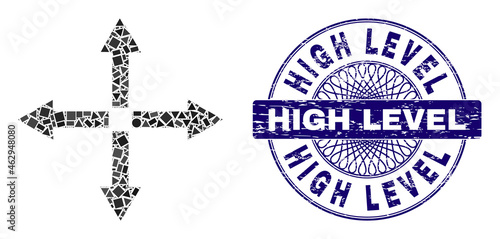 Geometric collage expand arrows, and High Level dirty stamp seal. Blue stamp seal contains High Level tag inside round form. Vector expand arrows collage is created from randomized round, triangle,