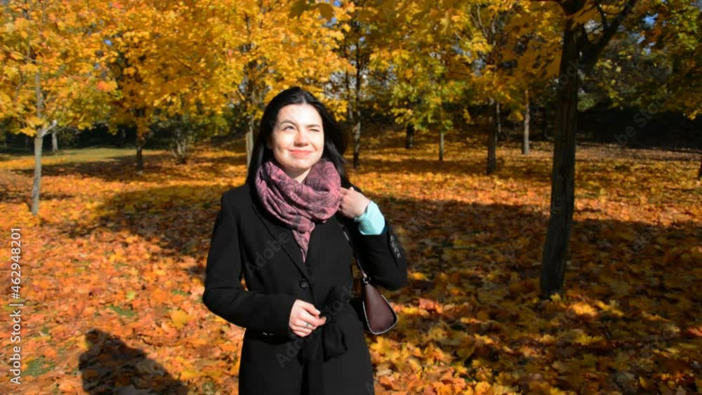 Beautiful girl walks in the autumn park front view Beautiful girl walks in the autumn park front view