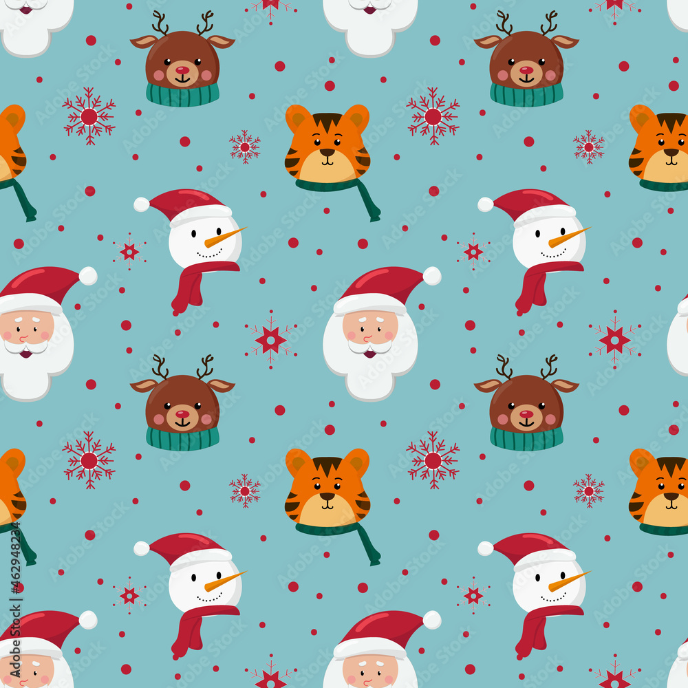 Christmas seamless pattern with snowman, Santa Claus tiger and deer on blue background