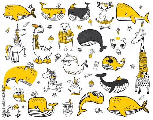 Vector set of doodle hipster animals. Perfect for greeting cards design, t-shirt prints and kid's posters.