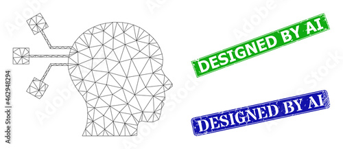 Polygonal brain connection image, and Designed by Ai blue and green rectangle textured seal imitations. Polygonal carcass image created from brain connection icon.