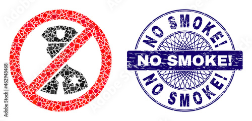 Geometric mosaic no police officer, and No Smoke! scratched stamp. Violet stamp seal includes No Smoke! tag inside round shape. Vector no police officer mosaic is composed of different round,