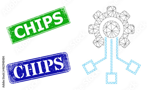 Triangular IoT component model, and Chips blue and green rectangular unclean stamps. Mesh wireframe illustration is based on IoT component icon. Stamps have Chips tag inside rectangular frame.