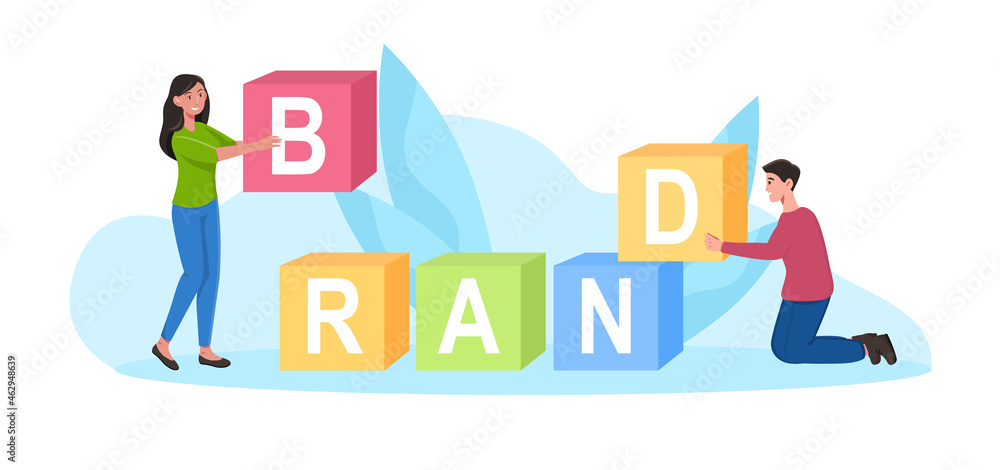 Word brand made from cubes. Man and woman carrying letters. Marketing, sales, business. Brand communication guideline metaphors. Cartoon flat vector illustration isolated on white background Word brand made from cubes. Man and woman carrying letters. Marketing, sales, business. Brand communication guideline metaphors. Cartoon flat vector illustration isolated on white background