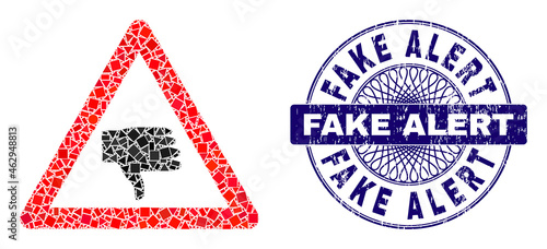 Geometric mosaic thumb down warning, and Fake Alert grunge seal imitation. Blue seal contains Fake Alert caption inside circle shape.