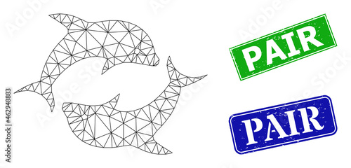 Triangular dolphin pair image, and Pair blue and green rectangular textured seal prints. Mesh wireframe image is created from dolphin pair icon. Stamps include Pair title inside rectangular frame.