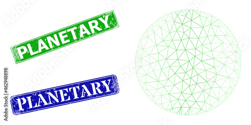 Mesh round sphere image, and Planetary blue and green rectangular grunge stamps. Polygonal wireframe symbol is designed with round sphere icon. Stamps have Planetary tag inside rectangular frame.