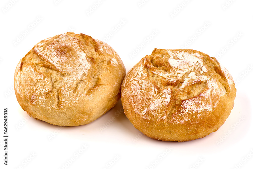 Crusty round bread rolls, isolated on white background.