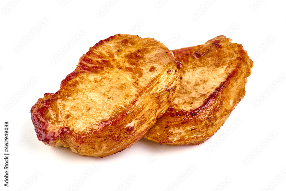 Barbecued pork steaks, isolated on white background. Barbecued pork steaks, isolated on white background.