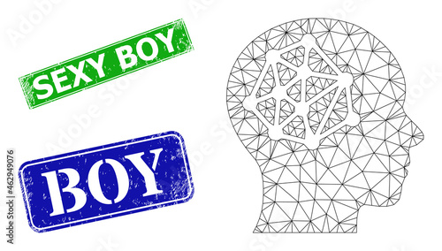 Polygonal human barin network image, and Sexy Boy blue and green rectangle rubber seal imitations. Polygonal carcass image created from human barin network pictogram.