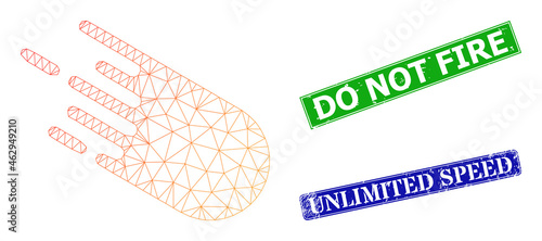 Mesh bolide image, and Do Not Fire blue and green rectangle scratched seals. Polygonal wireframe illustration is created from bolide icon. Seals have Do Not Fire caption inside rectangle form.