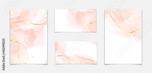 Abstract dusty blush liquid watercolor background with golden cracks. Pastel pink marble alcohol ink drawing effect. Vector illustration design template for wedding invitation