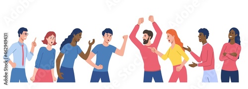 Group of men and women are arguing and fighting. Discussing social issues, shouting, gesturing. Concept of community disagreement, conflict problem discussion. Flat cartoon vector illustration