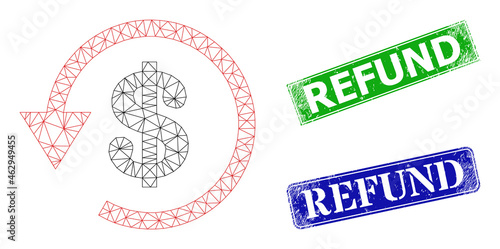 Polygonal dollar refund model, and Refund blue and green rectangle rubber stamp seals. Polygonal wireframe symbol created from dollar refund icon.