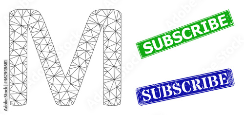 Network Mu Greek symbol image, and Subscribe blue and green rectangle scratched stamps. Mesh carcass image designed with Mu Greek symbol icon. Stamp seals have Subscribe text inside rectangle shape.