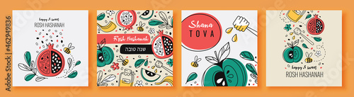 Set with cute colorful rosh hashanah celebration postcards. Happy and sweet new year in hebrew. Shana tova traditional icons. Concept of jewish New Year symbols. Flat cartoon vector illustration photo