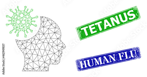 Polygonal brain infection model, and Tetanus blue and green rectangle grunge stamp seals. Polygonal carcass illustration designed with brain infection icon.