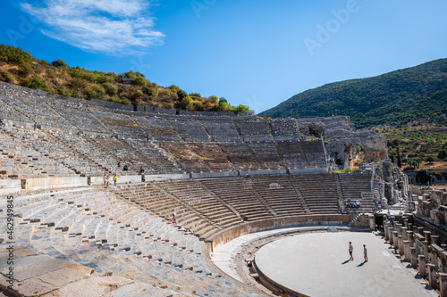 Ephesus ancient theatre landscape view in the ancient city of Ephesus, Turkey. Ephesus (Efes) is a UNESCO World Heritage site.