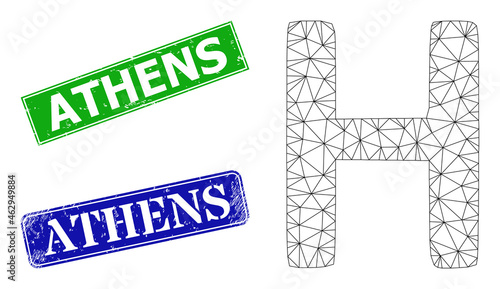 Mesh Eta Greek symbol model, and Athens blue and green rectangle dirty seals. Mesh wireframe symbol is designed with Eta Greek symbol pictogram. Stamp seals have Athens text inside rectangle frame.